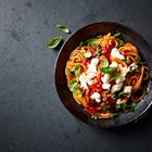 Spaghetti with fresh Tomato Sauce, Mozzarella and Basil ( seen from above)